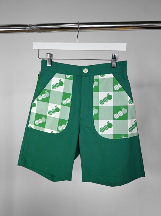 "Caterpillar Gingham" Work/Play Shorts - Green Duck (ONE-OFF). Design by HO HOS HOLE IN THE WALL