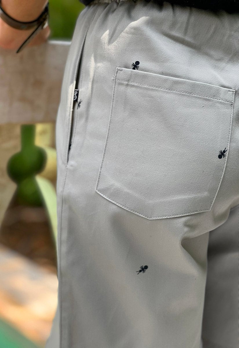 HO HOS HOLE IN THE WALL brand Custom print "Ants on Your Pants" pull-on shorts in Pearl Grey dye colorway