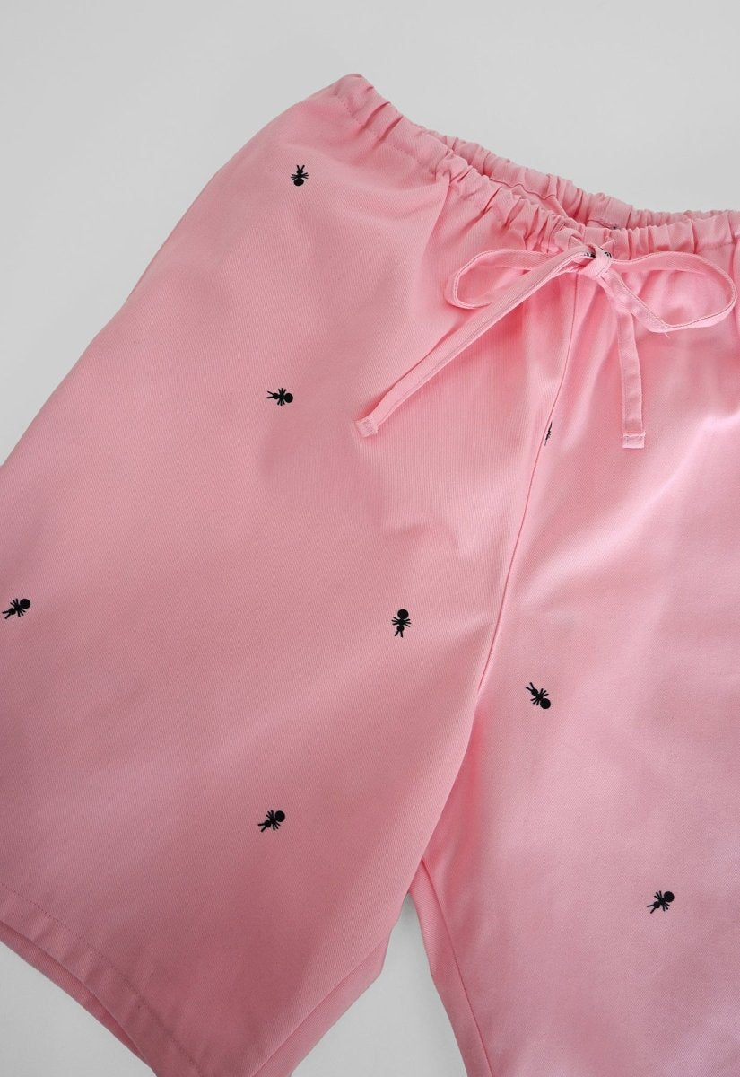 HO HOS HOLE IN THE WALL brand Custom print "Ants on Your Pants" pull-on shorts in Pink Lemonade dye colorway