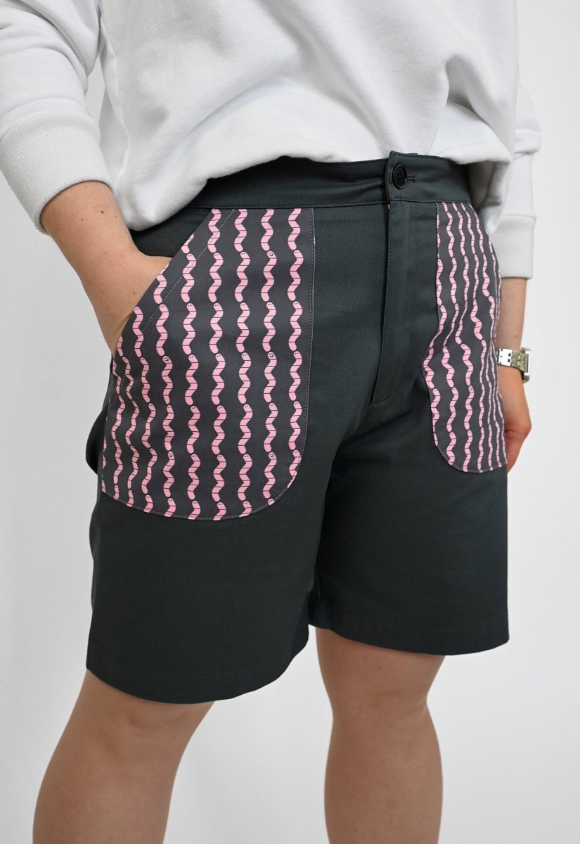 HO HOS HOLE IN THE WALL brand "Pockets Full of Worms" Shorts. Design by Natali Koromoto.