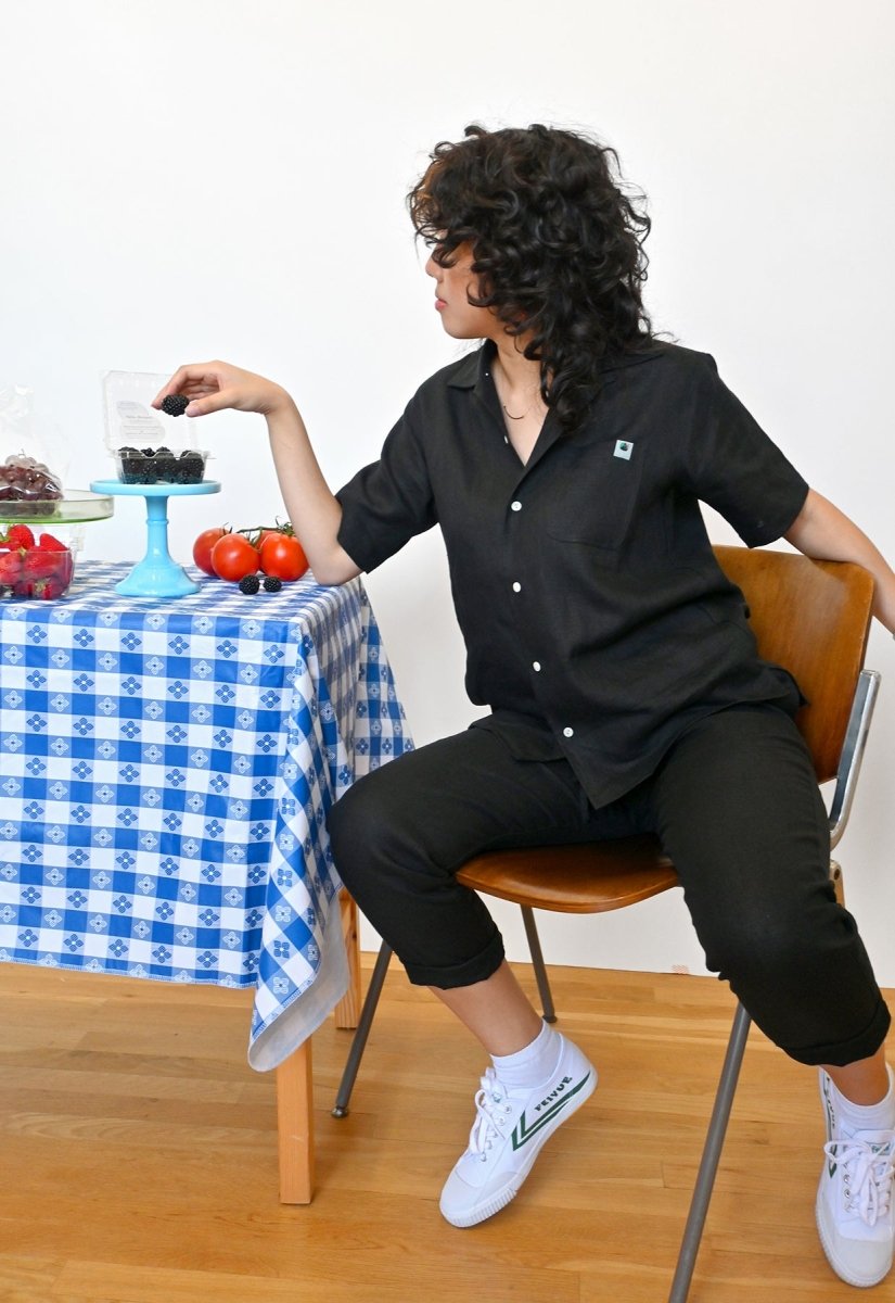 Ho Hos linen fruit shirt and fruit pants in "Blackberry"